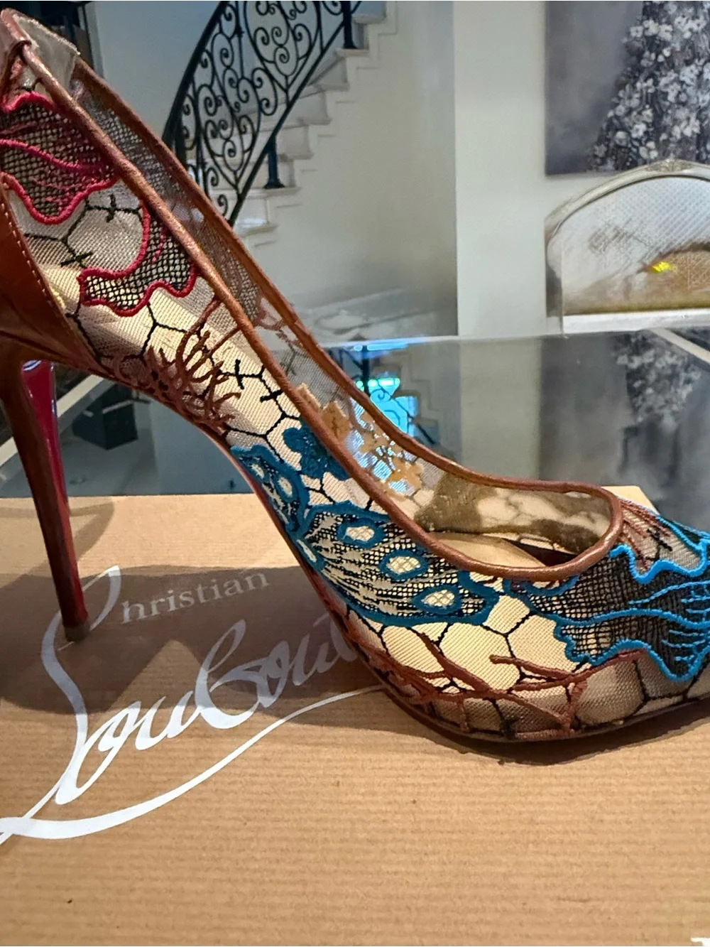 Christian Louboutin Blue and Green Embroidered Pointed Toe Pumps - Picture 3 of 8